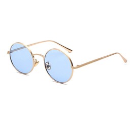 Inlefen Round Metal Frame Glasses Vintage Circle Sunglasses for Men and Women (Gold blue)