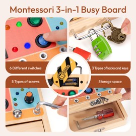Woodtoe 3-in-1 Busy Board with Led Light Switch, Montessori Toddler Screwdriver Board, Sensory Lock and Key Toys, Educational Fine Motor Skills Travel Toys for Toddlers Boys and Girls 3 4 5 Year Old