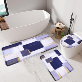 Blue Memory Foam Bathroom Rug Sets 5 Piece, Absorbent Non-Slip Bath Mat with Toilet Lid Cover for Bathroom, Extra Thick Water Absorbent Navy Blue Bath Rugs for Tub, Toilet and Floor