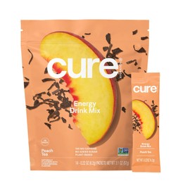 Cure Hydration Performance | Plant-Based Electrolyte Energy Drink Mix | No Added Sugar | Dehydration Relief Powder | 100mg of Caffeine | Non-GMO | Vegan | Pouch of 14 Packets - Peach Tea