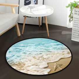 DIGTIA Round Area Rug 3 ft for Bedroom Washable Starfish Ocean Wave Circle Rug Mat Non Slip Carpet with Rubber Backing Summer Beach Floor Mat Decor for Living Room Bathroom Kitchen