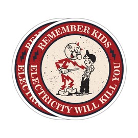 Evoque Sellers Remember Kids Electricity Will Kill You Sticker - Humorous Reddy Kilowatt Warning Stickers; Set of 2 Ideal for Electrician's Hard Hat Stickers, Laptop, Water Bottle, Car,