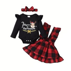 APAELEA Baby Girl Christmas Elk Outfits Letter Romper Top Plaid Suspender Skirt Clothes Set,Black,6-12 Months