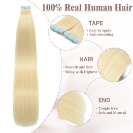 Lveyan Tape In Hair Extensions Invisible PU Seamless Skin Weft 20 Inch 50g/pack 20pcs Bleach Blonde Tape in Real Human Hair Silky Straight Hair Extensions (#613, 20 Inch)