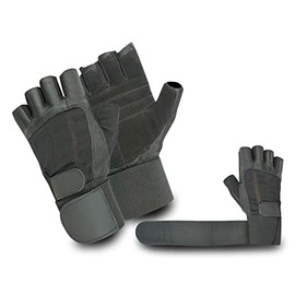 Leather Weight Lifting Gloves (077) Long Wrist Strap Training Power Lifting Lifter PADDED Palm Exercise Fitness Body Building Strengthening Home Gym (MEDIUM)