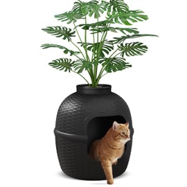 Hidden Litter Box with Faux Plant, Large Cat Litter Box with Rattan Pattern, Heavy Duty PP Material Litter Box Enclosure Furniture for Home Decor, Black