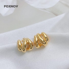 FOXNOV Gold Hoops Earrings for Women Lightweight Hypoallergenic Earrings 14K Real Gold Plated 925 sterling silver Post Triple Hoop Stud Earrings, Small Huggie Design, Earrings for Women Trendy