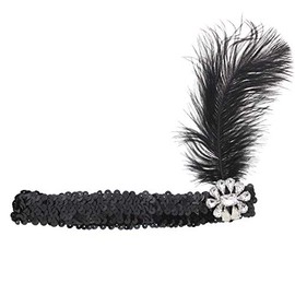 Charleston Black Sequin Headband with Long Feather & Diamante Stone Attachment