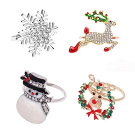 Bohue 4 Pieces Christmas Napkin Rings Snowman Reindeer Snowflake Napkin Rings Alloy Napkin Ring Holder Table Decoration for Xmas Events Dinner Wedding Party