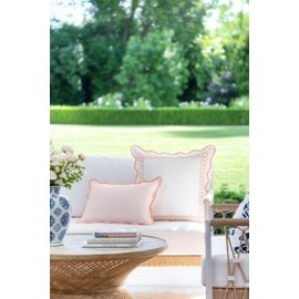 Hofdeco Premium Coastal Patio Indoor Outdoor Scalloped Lumbar Pillow Cover Only, 12"x20" Water Repellent for Backyard, Couch, Blush Pink Print Stripes