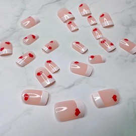 French Tip Heart Press on Nails Short Square Fake Nails Glossy Valentine's Day False Nails with Pink Love Hearts Design Reusable Stick on Nails for Women DIY Valentine's Manicure Decoration 24Pcs
