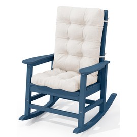 KINGYES HDPE Rocking Chair Outdoor with Thick Cushions, All-Weather Patio Rocking Chair Porch Rocker for Outside, Blue Chair with Beige Cushion