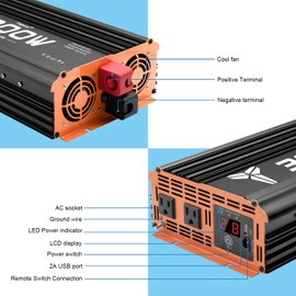 Tebrol 3000W Inverter 12V DC to 110V AC Converter for Home, RV, Truck, Off-Grid Solar Power Inverter with Built-in 5V/2.1A USB, AC Hardwire Port, Remote Controller