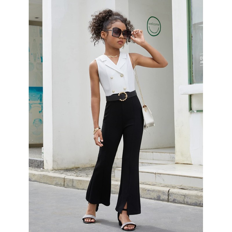 WDIRARA Girl's Color Block Lapel Neck Sleeveless Flare Leg Split