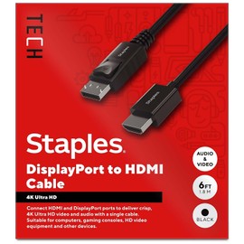 Staples TECH 6 ft. Display Port to HDMI Audio/Video Cable, Male to Male, Black (ST62466)