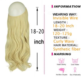 Invisible Hair Extensions Adjustable Invisible Wire Hair Piece Curly Wavy Long Synthetic Hairpieces for Women One Piece Natural Heat Temperature Fiber (18 Inch, Bleach Blonde)