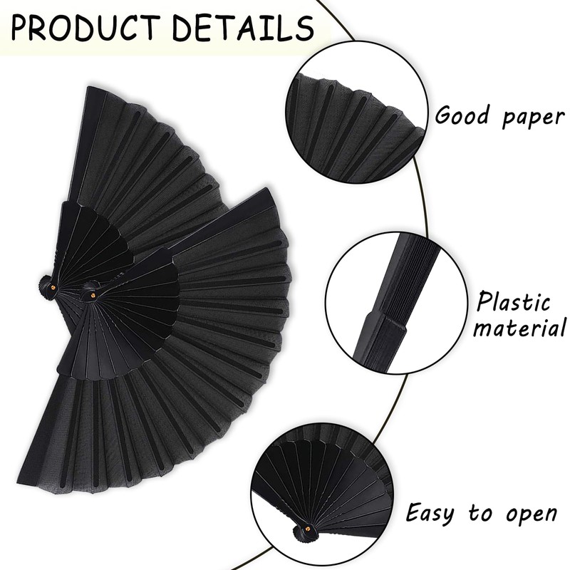 Grantop 4 Pcs Black Folding Hand Fan Set, Silk Fabric