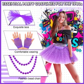 Ladies 80s Fancy Dress Costume, 1980s Costume Outfits Accessories Set with T-Shirt Tutu Skirt Bag Gloves Headband Earrings Necklace Bracelets for Women Girls Retro Theme Hen Party