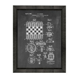 Convertible Chess and Checker Game Piece Patent Art Chalkboard Print in a Beveled Black Wood Frame (11" x 14") M12798