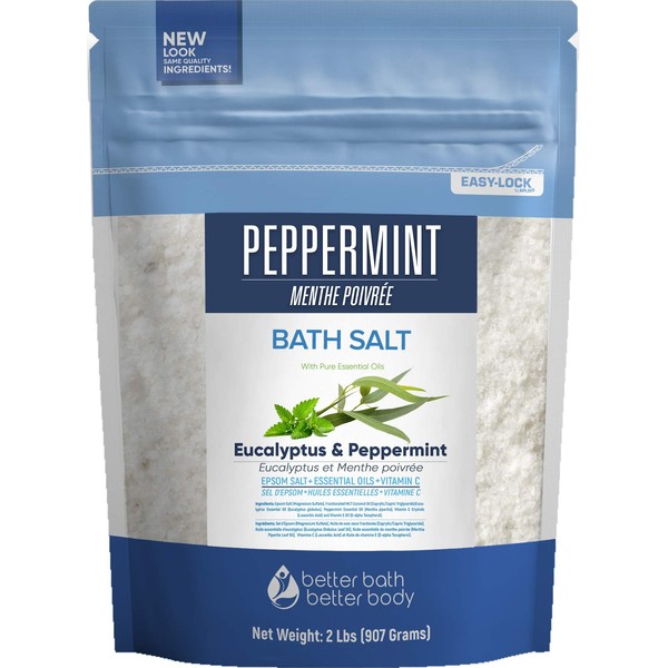 Peppermint Bath Salt, Epsom Salt with Peppermint & Eucalyptus Essential Oils, Natural Ingredients Cooling & Relaxing Bath Salts 32 Ounces BPA-Free Pouch