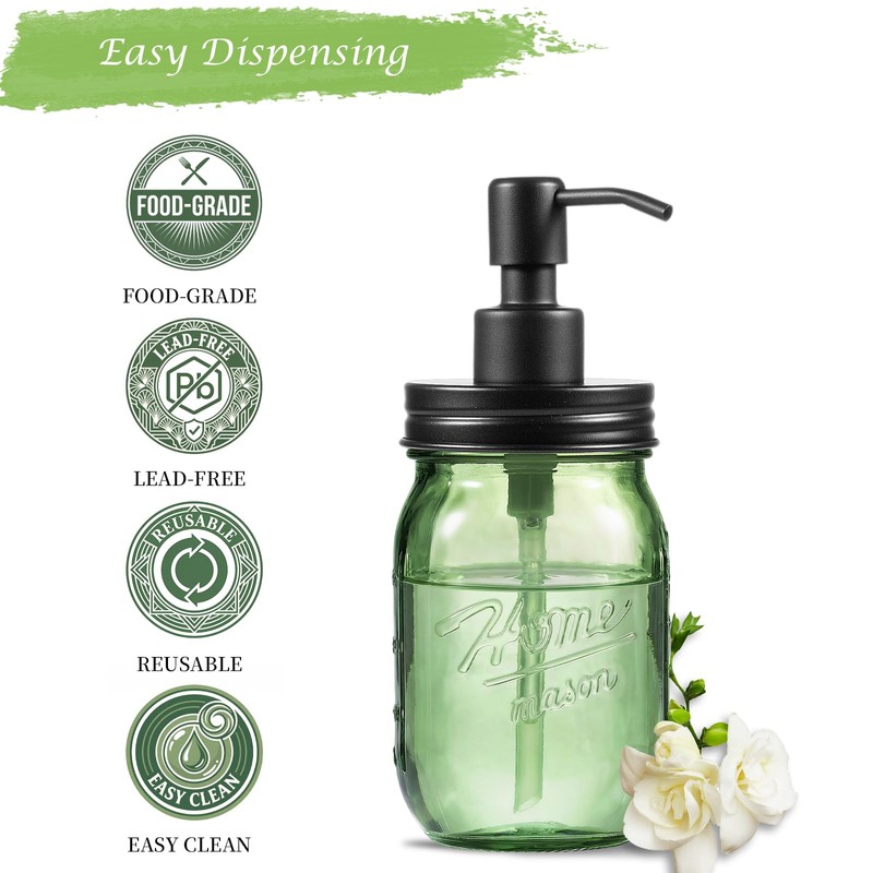 Amolliar Green Glass Mason Jar Liquid Soap Dispenser, 16OZ, Black