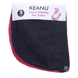 Keanu Pack of 3 Luxury Hair Turban Towels, Hair Drying Towel with Loop and Button Fastener, 100% Cotton, 64 x 23cm - Black, Fuchsia, Aquamarine