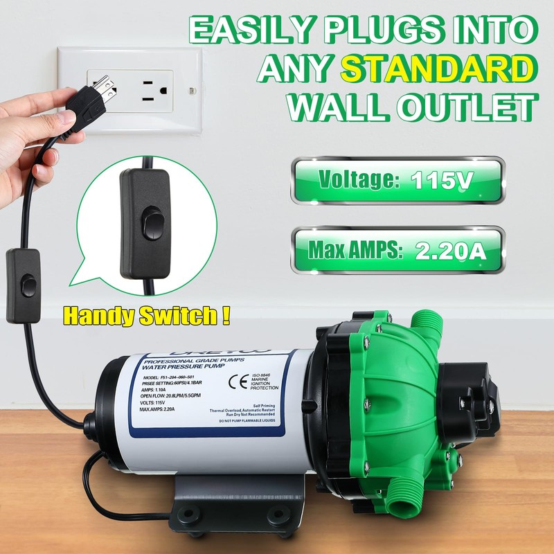 Dreyoo Water Diaphragm Pump, 115V AC, 5.5 GPM, 60 PSI