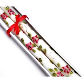 Decorated Holiday Christmas Dinner Taper Candles with Hand Painted Pink Poinsetias and Golden Swirls Festive Xmas Decorations