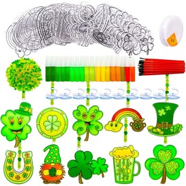 AUEKIV St. Patrick's Day Shamrock Suncatchers Ornaments DIY Window Paint Art Craft Kit 30pcs Irish Lucky Shamrock Four-Leaf Clover Rainbow Sun Catchers Decorations for Party Favors Activities Gift