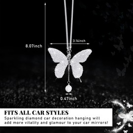 Dickno Bling Butterfly Car Accessories for Women, Diamond Car Rear View Mirror Ornament Pendant, Valentine's Day Gift, Crystal Car Hanging Decoration, Cute Rhinestone Pendant (White)