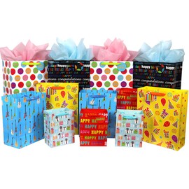 Fzopo Birthday Gift Bag Assortment with Ribbon Handle, 12 Pcs Premium Quality Assorted Sizes Paper Bags Set, XL 13x17x6.5, Large 12x15x4.8, Medium 7x9x4.2 inches, 6 Designs