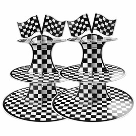 2 Pcs Race Car Party Favors 3-Tier Cupcake Holder, Two Fast Birthday Decorations Cupcake Stand for 24 Cupcakes, Kids Boys Black and White Checkered Flag Cars Theme Party Supplies