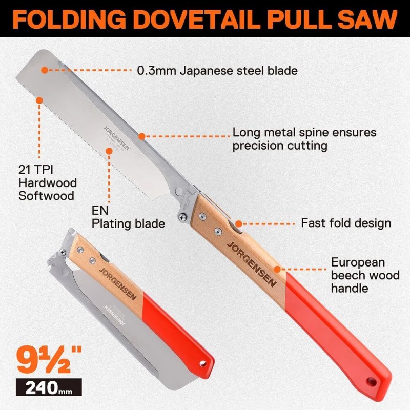 JORGENSEN 9.5-inch Japanese Pull Saw 21TPI Pro Folding Dovetail Saw