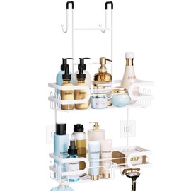 HapiRm Shower Caddy Over Door- Hanging Shower Organizer with 14 Hooks and Soap Holder, Rustproof & Waterproof Stainless Steel Bathroom Shelf - White