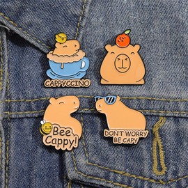 4Pcs Don't Worry Be Capy Enamel Pins Cute Animal Badges Lapel Pins Cartoon Coffee Orange Bee Capybara Brooches for Backpacks Jacket Accessories Gift