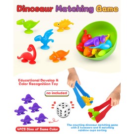 STEM Montessori Maths Toy with Matching Cups and Tweezers, 32 Pieces Coloured Dinosaur Counting Game Suction Cup Toy Baby Learning Toy Children's Toy