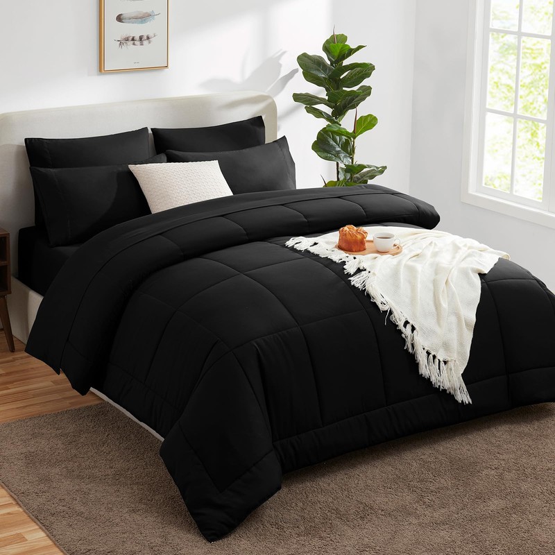 CozyLux Full Size Comforter Sets Black, 7 Pieces Bed in