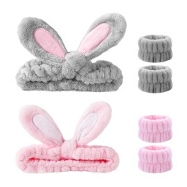Pack of 2 Makeup Hair Bands, 4 Pieces Face Wash Wrist Bands, Women's Make Up Hair Band, Plush Rabbit Ears Headband, Elastic Soft Make-Up Headband, Face Washing Headband for Women and Girls