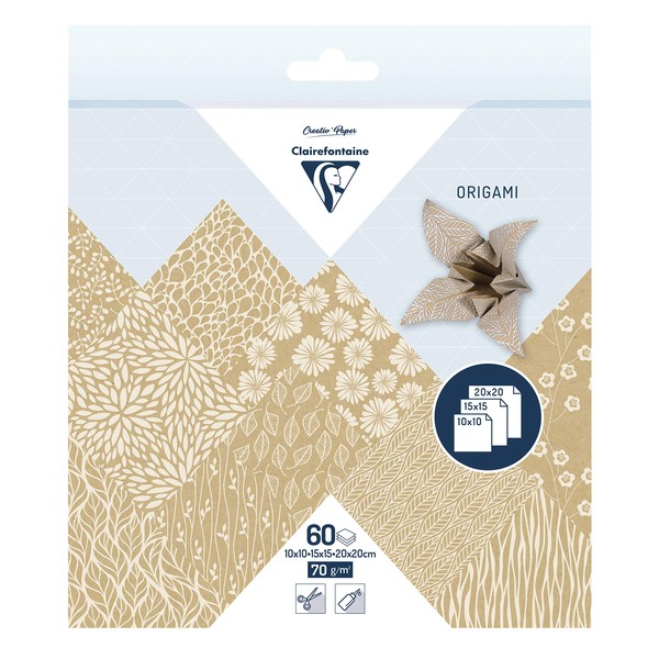Clairefontaine - Ref 95355C - Origami Paper (Pack of 60 Sheets) - 3 Assorted Sizes in Size, 70gsm Paper, Printed Design on Front & Plain Backs - Kraft Floral Patterns