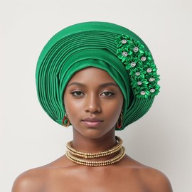 Generic Fashion African Headtie Turban Nigeria Head Ties With Flowers Already Made Auto Gele Women Head Wraps For Wedding Party (One Size,Green)