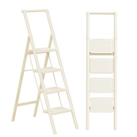GameGem 4 Step Ladder Folding Step Stool Stepladders with Anti-Slip and Wide Pedal for Home and Kitchen Use Space Saving (White)