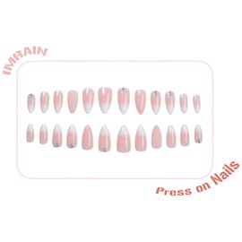 IMRAIN Press on Nails Medium Almond Fake Nails Nude White Gradient False Nails with Glitter Designs Gel Stiletto Natural Stick Glue on Nails for Women Glossy Reusable Acrylic Nail Manicure Kit