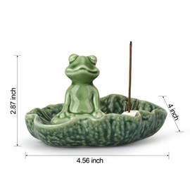 E-ROOM TREND Incense Holder, Handmade Ceramic Frog Incense Burner, 4.5 Inch Insence-Stick Holder Ash Catcher, for Meditation Yoga Incense Burning Fragrance Decoration Household (Dark Green)