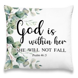 MNASAIOO Christian Psalm 46:5 Decorative Throw Pillow Covers, Bible Verse God is Within Her Pillows Covers, Rustic Sage Green Eucalyptus Leaf Pillow Cases Decor for Prayer Room Couch Bedroom 18x18in
