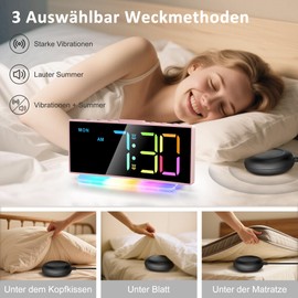 Vibrating Loud Alarm Clock with Bed Shaker, RGB Digital Alarm Clock, 8-Colour Large Display, Night Light, 2 Alarms, LED Digital Table Clock for Heavy Sleepers/Hearing Impaired/Children, Memory Switch