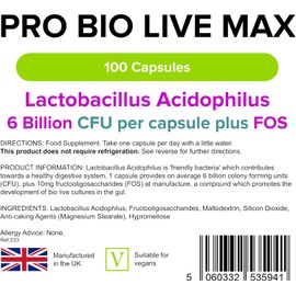 Lindens - Pro Bio Live Max 6 Billion CFU Capsules - 100 Pack - UK Made - Contributes to a Healthy Gut and Supports Digestion - Probiotic Vegetarian Capsules - Letterbox Friendly, Vegan