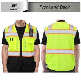 sesafety Safety Vest with 9 Pockets, High Visibility Reflective Vest, Security Vest, Work Vest for Men, ANSI/ISEA Class 2 Type R