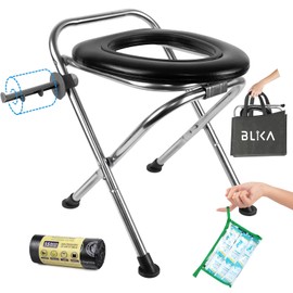 BLIKA Portable Toilet for Camping, 350LBS Stainless Steel Foldable Camp Travel Toilet with Soft Seat for Adults, Portable Potty for Camping, RV Travel, Road Trips, Includes Waste Bags with Gel