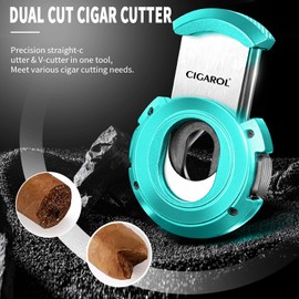 CIGAROL Cigar Cutter, Dual Blades - V-Cut & Straight Cut with Gift Box, Stainless Steel Guillotine Cutter for Most Cuban Cigar Sizes Portable Travel Size One-Handed Use Cigar Accessories (Light Blue)