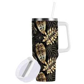 40 oz Tumbler with Straw & Handle - 2 in 1 Lids Leak Proof Tumblers - Large Insulated Stainless Steel Cup - BPA-Free Water Bottle Travel Metal Mug for Women Man,Black Gold Monstera Tropical Leaves